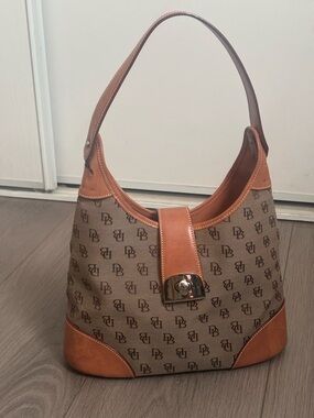 Dooney & Bourke Brown Monogram Canvas Shoulder Bag with Tan Leather Trim